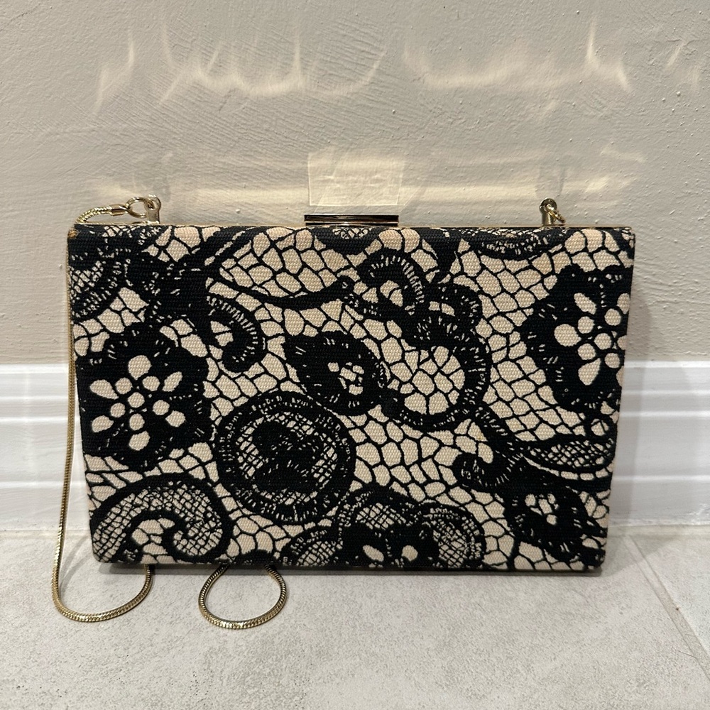 Kate Spade Black Floral Clutch with Lace Design Gold Trim